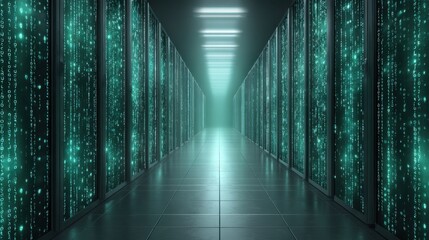 A futuristic data center corridor illuminated by glowing servers displaying binary code, creating a tech-inspired atmosphere.