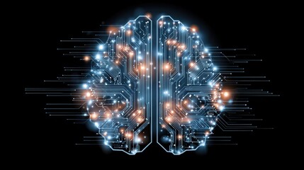 A digital brain design featuring circuit patterns and glowing elements, symbolizing technology and artificial intelligence.