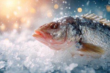 Fresh whole fish on a bed of crushed ice with festive lights and snowflakes, ready for cooking.