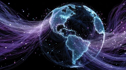 A vibrant digital representation of Earth surrounded by flowing lines and particles, symbolizing connectivity and the digital age.