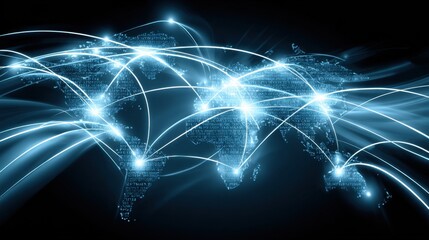 A digital representation of the world map illuminated by glowing connections, symbolizing global connectivity and data flow.