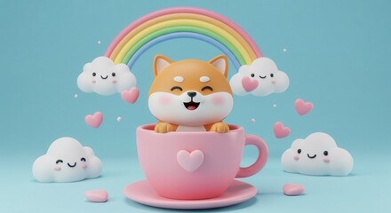 Obraz premium Cute shiba inu in a cup with rainbow and clouds
