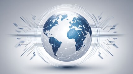 A digital globe illustration symbolizing global connectivity and technology with abstract lines radiating outward.