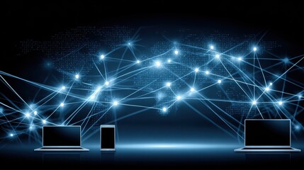 A digital representation of global connectivity, showcasing devices linked by luminous lines across a world map.
