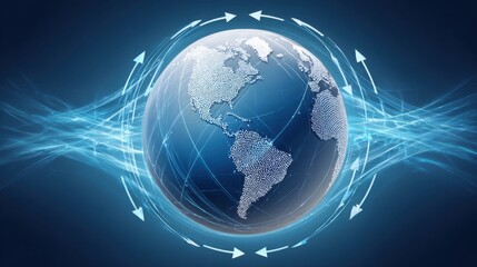 A digital depiction of Earth surrounded by dynamic blue waves, symbolizing connectivity and technology in a modern, global context.