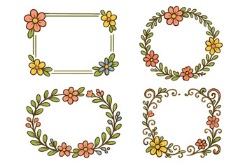 Set of hand-drawn floral frames and wreaths. Cute doodle-style flower borders for invitations, weddings, or greeting cards. Botanical decorative elements. Vector collection.