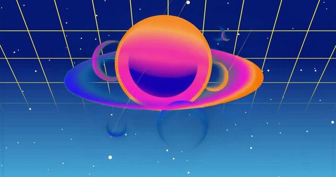 Sequence starting rotating planet rightward neon ring spinning and moonlets drifting for grid loop