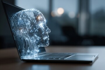Artificial intelligence concept with a digital brain displayed on a laptop