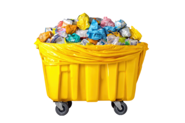 Overflowing yellow waste bin on transparent background