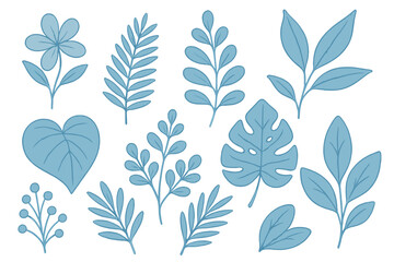 Blue botanical elements set. Vector cartoon collection of leaves, plants, flower. Monstera, fern, eucalyptus branch. Hand drawn floral clip art. Isolated design elements.