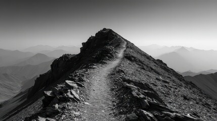 Minimal black and white mountain ridge path with leading lines to summit, representing focus, self-discipline, meditation, isolation, clarity, balance, and a visually timeless spiritual metaphor