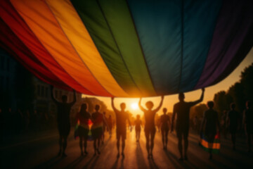 Silhouettes of people holding a giant rainbow pride flag during sunset at a parade, symbolizing LGBTQ+ unity, equality, and community celebration.