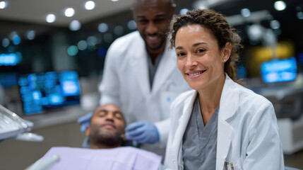 A friendly dental team is working attentively on a patient in a modern clinic, promoting a comfortable and reassuring environment for dental healthcare.