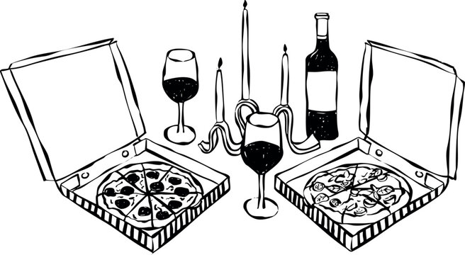 Cena romántica con pizza. Ilustración dibujada a mano de un picnic con pizza y vino. Comida italiana