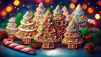 delicious gingerbread cookies shaped like trees and candy canes