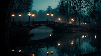 Explore the serene beauty of a tranquil park at twilight with illuminated bridge and water reflections