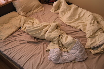 An unmade bed with tangled sheets and pillows, captured in soft natural light, creates a cozy but messy atmosphere in the bedroom. Themes of relaxation, morning routines, or untidy living spaces.