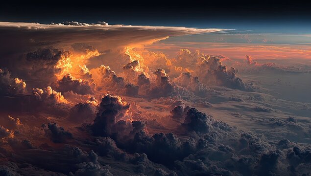 Vast, fiery cloudscapes at sunset, seen from space.  A dramatic view of storm clouds lit by the setting sun