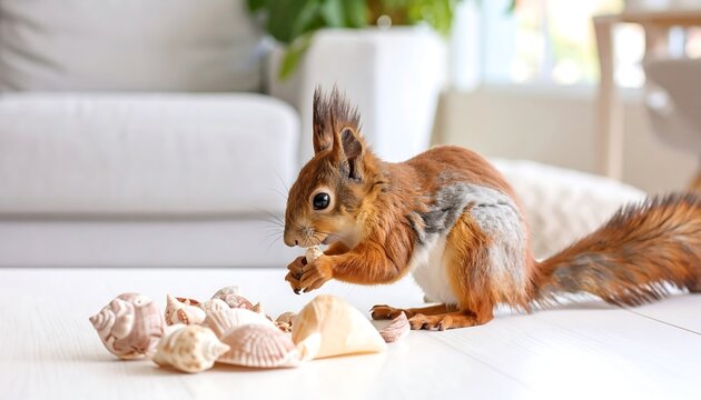 A red squirrel enjoys a meal of nuts amidst a collection of seashells on a white table inside a bright home.