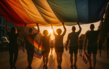 Obraz na płótnie Canvas Silhouettes of people holding up a giant rainbow pride flag at sunset during a street parade, symbolizing LGBTQ+ pride, unity, equality, and community celebration.