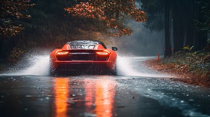 Red sports vehicle driving through rain on wet road luxury automobile automotive photography motion blur