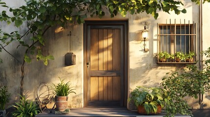 Charming rustic home entrance with wooden door plants and window garden design inspiration ideas