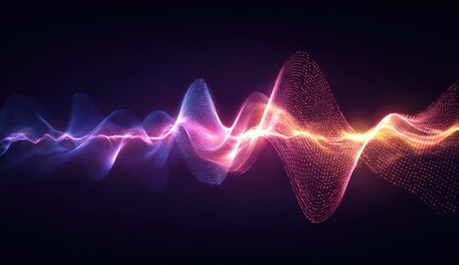 Abstract sound wave visualization.  Vibrant,  flowing patterns of  glowing particles.  Dark background with a horizontal, wavy sound wave design.  Colors transition from violet-blue to pink-orange