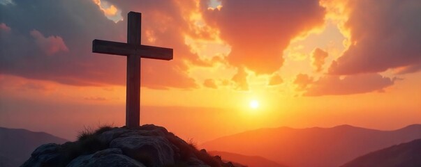 Serene image of a wooden cross standing against a sunrise, symbolizing faith, hope, and resurrection  Perfect for Easter, Lent, or general Christian themes ,  christian,  tranquil