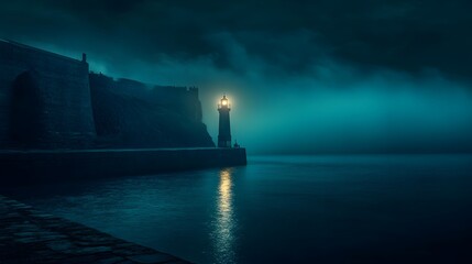 Lighthouse at night seascape photography with ocean view and glowing light in a moody atmosphere scene