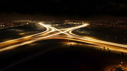 Aerial view of highway interchange at dusk with light trails for transportation and urban landscape views