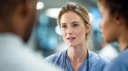 Fototapeta premium Medical team in discussion captured in medium shot main speaker in sharp focus while others are softly blurred illustrating interactive microlearning on a social platform during