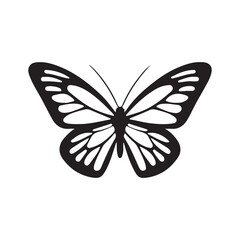 Black silhouette of a butterfly with open wings and intricate patterns insect black and white