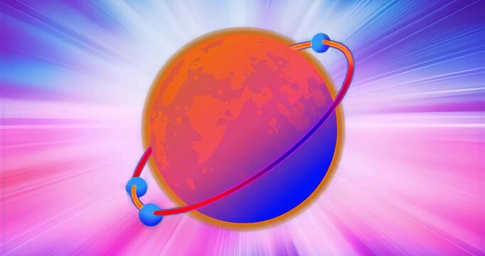 On load, two blue spheres orbiting red-orange planet along colorful ring visualizing orbital motion