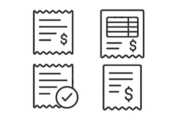 Set of receipt line icons. Vector collection of bill and invoice symbols for finance, shopping, or accounting. Simple outline payment and checkout cartoon illustrations.