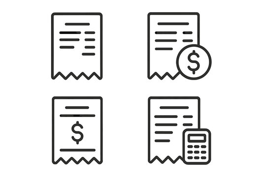 Receipt icon set. Bill, invoice and payment line icons. Financial transaction, checkout slip, and order summary vector collection. Accounting and bookkeeping symbols.