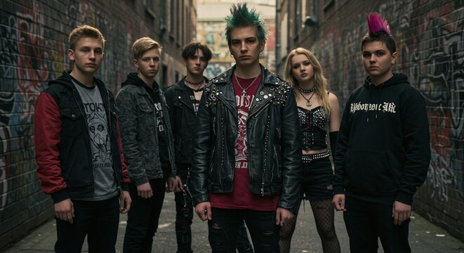 Diverse group stands in urban alley, sporting punk-inspired outfits and bold hairstyles with graffiti backdrop.