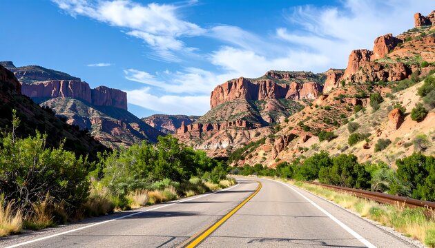 A scenic highway winds through a colorful canyon, showcasing vibrant red rock formations and lush greenery under a bright blue sky.