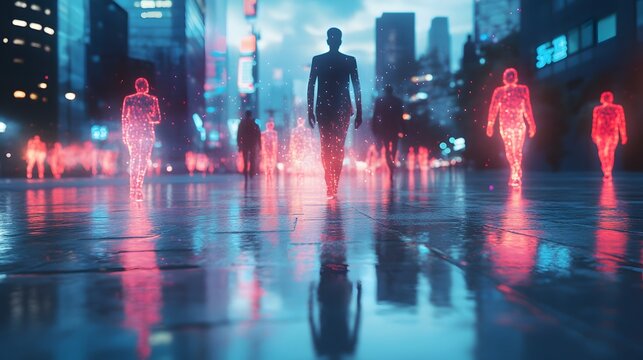 Futuristic city street with glowing people walking in a cyberpunk urban environment at night time