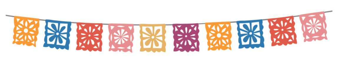 Colorful papel picado garland banner. Taditional Mexican decorative party flags, bunting. Cinco de Mayo, fiestas or Day of  Dead Dia de Muertos celebrations. Flat vector isolated on  background.