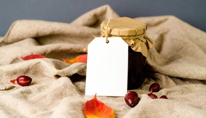 Jam Jar with Blank Label on Linen Fabric