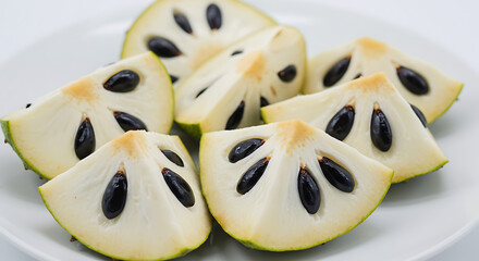 Soursop sliced into juicy pieces with shiny black seeds on a white plate