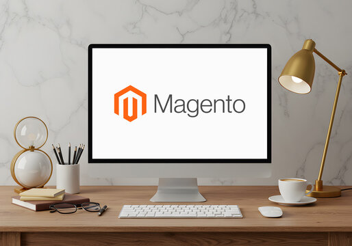 Modern workspace showing magento open-source e-commerce platform on computer screen