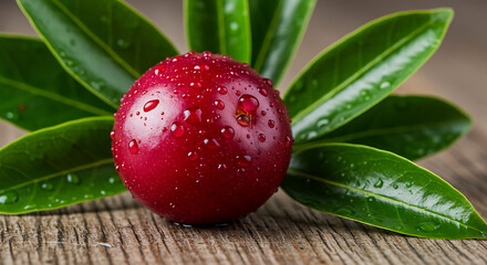 Obraz premium Red camu-camu with fresh green leaves on a rustic wooden background