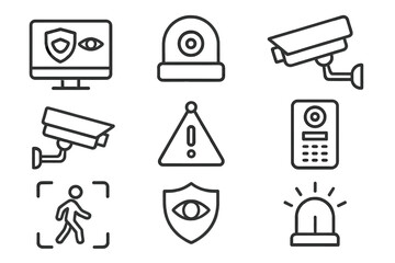 Security and surveillance line icon set. CCTV camera, monitoring, alarm system, and protection symbols. Vector outline pictogram collection for safety and technology concepts.