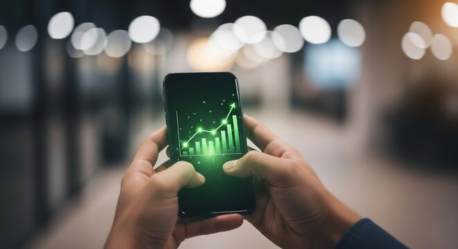 Mobile Investment Insight: A close-up shot captures the hands of a person engrossed in examining financial data, shown as an ascending graph, on a smartphone screen.