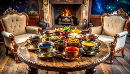 Colorful teas and herbs around a fireplace