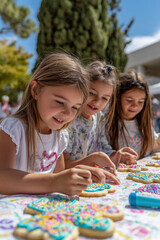 Fototapeta premium joyful children decorating cookies with colorful icing on bright picnic blanket in park