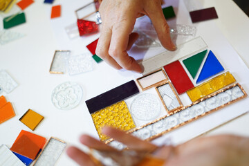 Creative stained glass workshop. Close up 