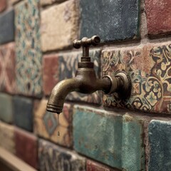 Antique faucet drips on a mosaic wall