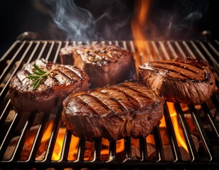 close up of a barbecue grill with sizzling beef steaks